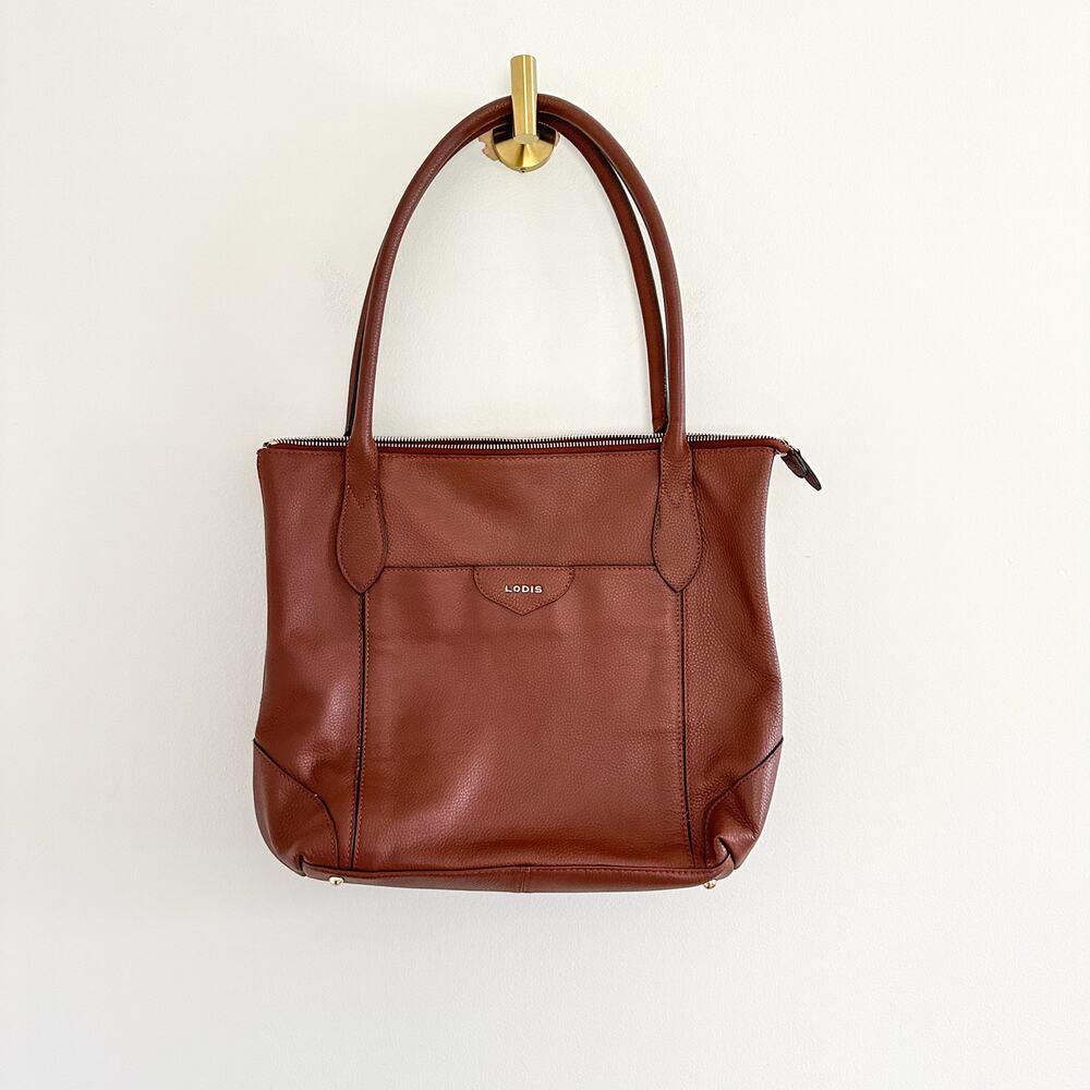 Lodis Leather Zip Around Double Handle Strap Tote Bag Brown